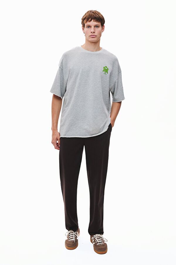 Oversize Light Gray Crew Neck Printed Men's T-Shirt 3
