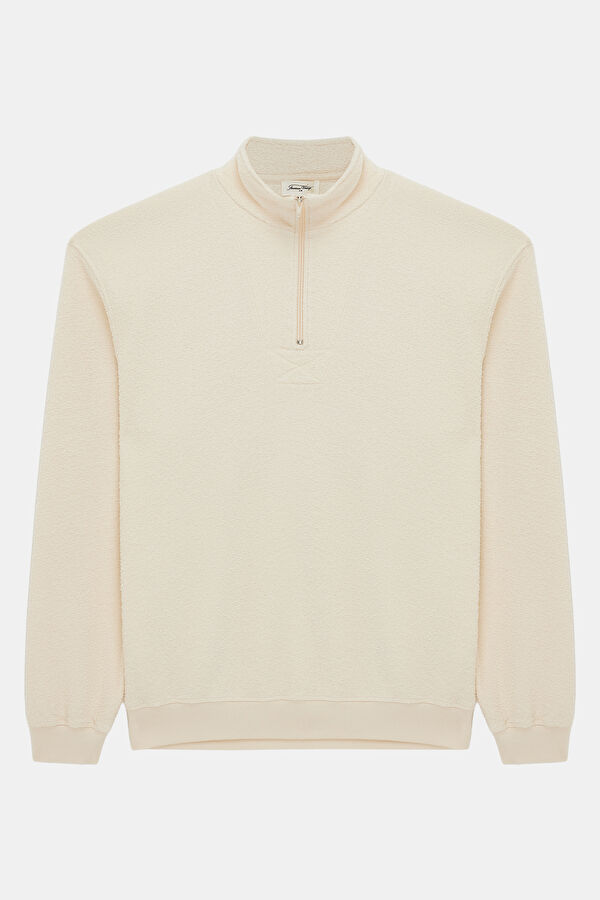 Ekru Relax Kalıp Dik Yaka Erkek Sweatshirt