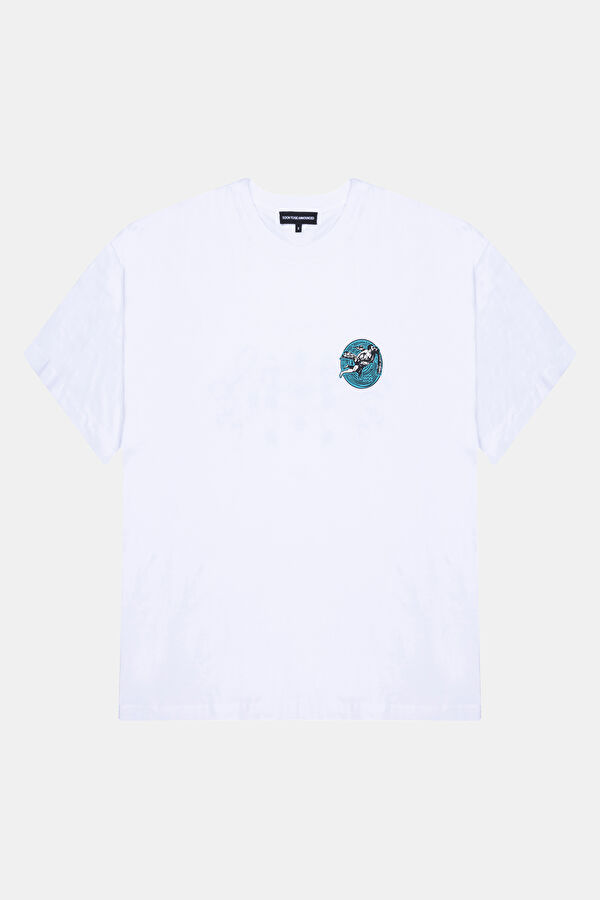 Aquarius 2.0 Oversize Beyaz Bisiklet Yaka Baskılı Erkek T-Shirt