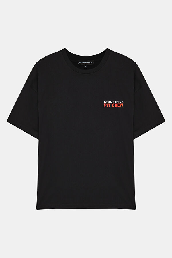 Oversize Siyah Bisiklet Yaka Baskılı Erkek T-Shirt