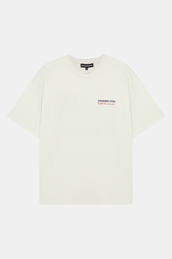 Oversize Krem Bisiklet Yaka Baskılı Erkek T-Shirt