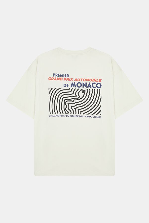 Oversize Krem Bisiklet Yaka Baskılı Erkek T-Shirt 2