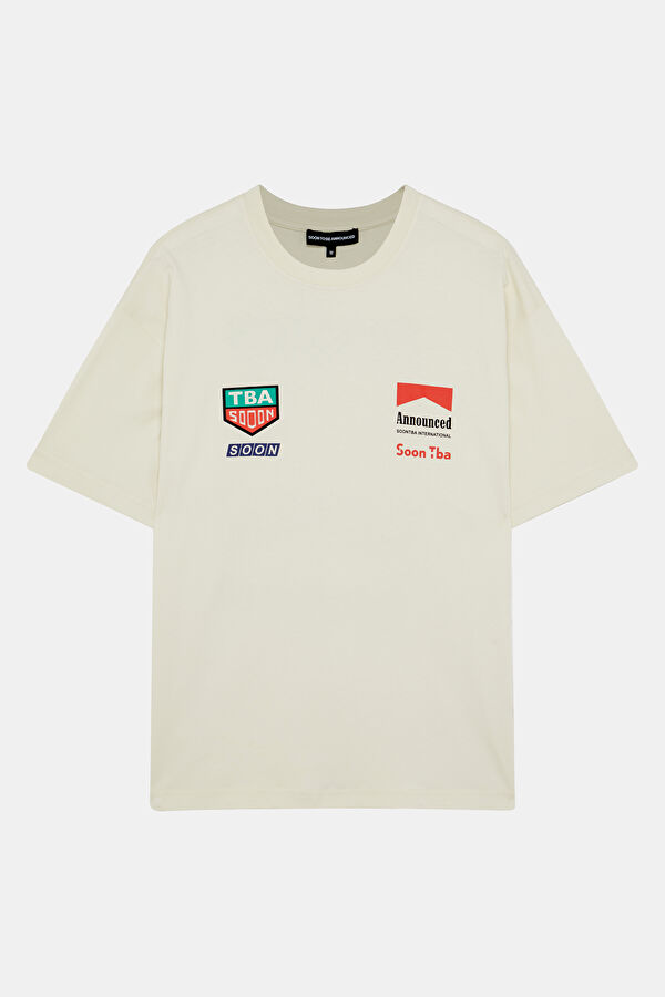 Oversize Krem Bisiklet Yaka Baskılı Erkek T-Shirt