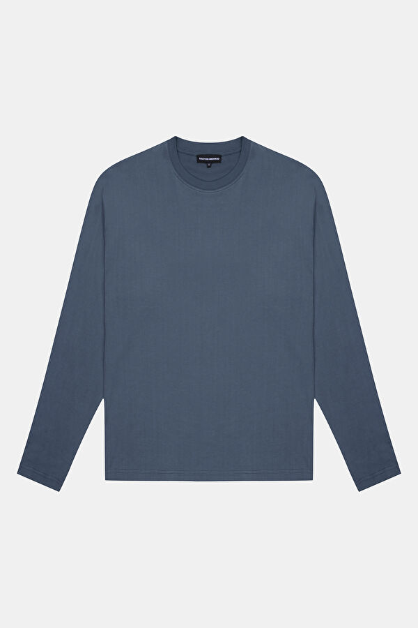 Oversize Mavi Bisiklet Yaka Baskılı Erkek T-Shirt