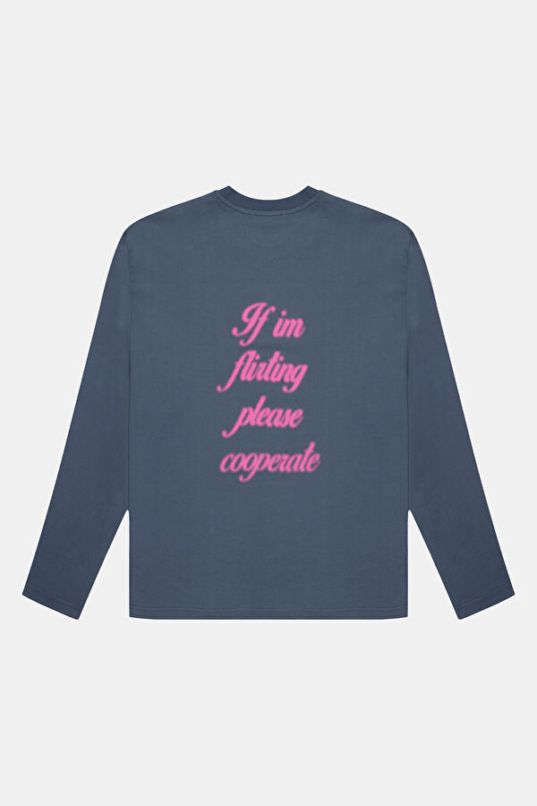 Oversize Mavi Bisiklet Yaka Baskılı Erkek T-Shirt 2
