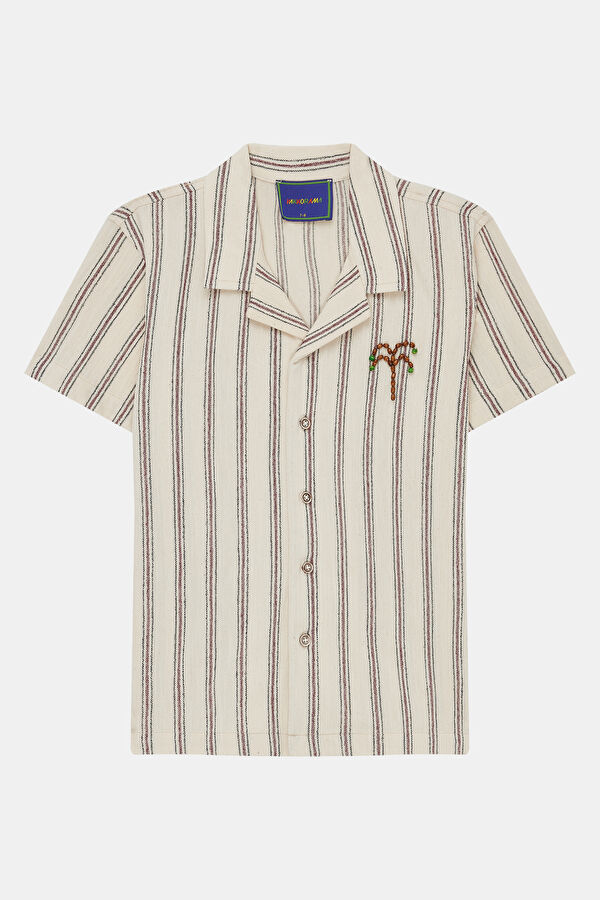 Beige Patterned Linen Kids' Shirt