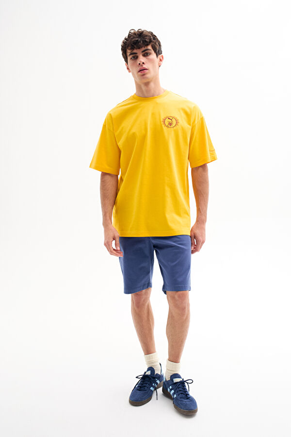 Relax Kalıp Sarı Bisiklet Yaka Baskılı Erkek T-Shirt