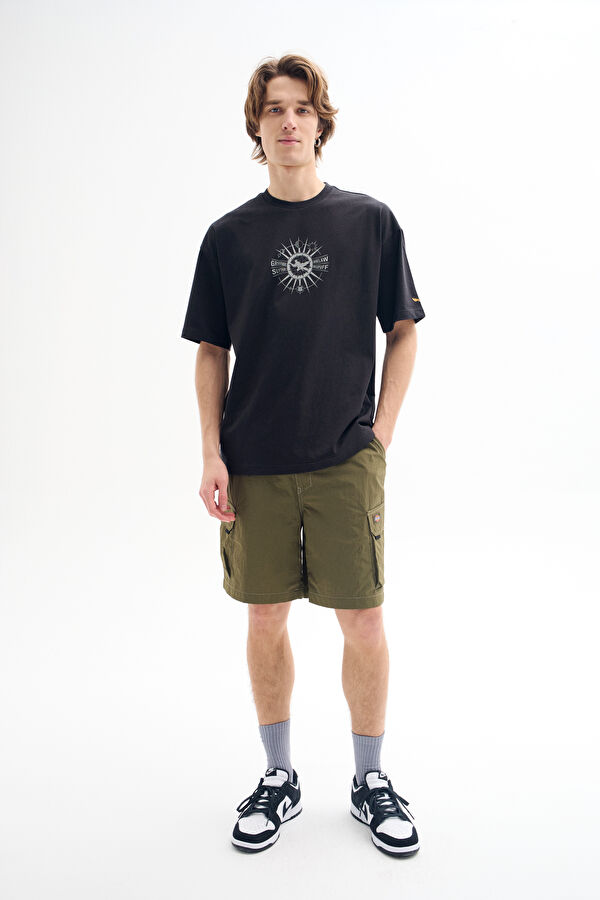 Relax Kalıp Siyah Bisiklet Yaka Baskılı Erkek T-Shirt