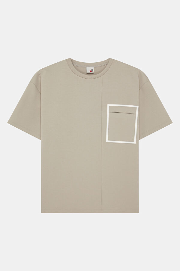 Oversize Gri Bisiklet Yaka Baskılı Erkek T-Shirt