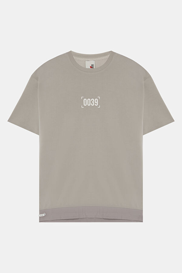 Oversize Gri Bisiklet Yaka Baskılı Erkek T-Shirt