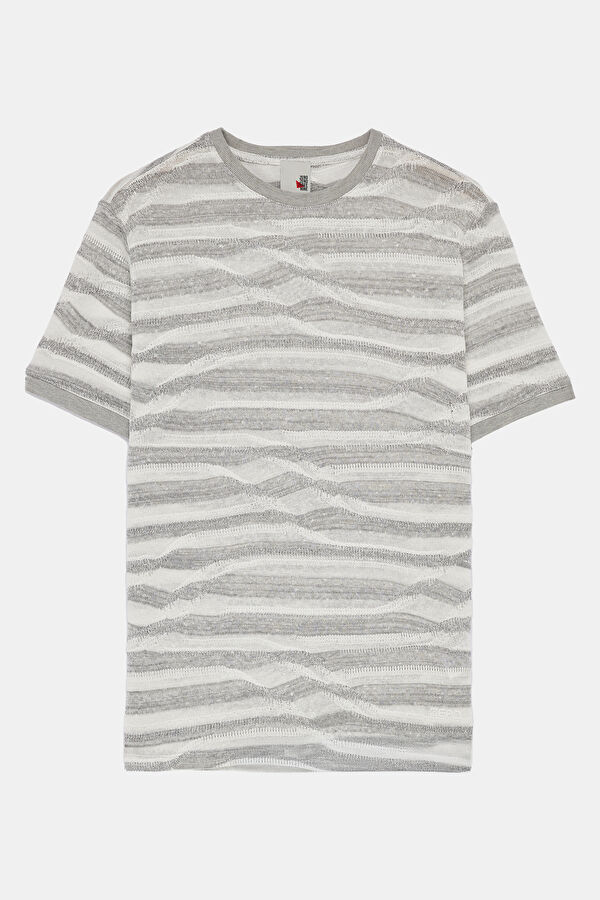 Relax Kalıp Keten Ekru Bisiklet Yaka Desenli Erkek T-Shirt