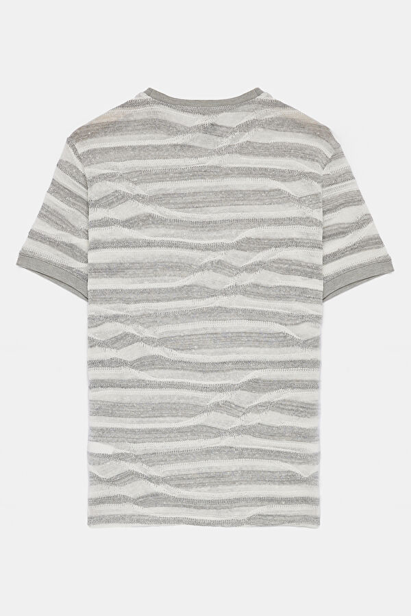 Relax Kalıp Keten Ekru Bisiklet Yaka Desenli Erkek T-Shirt 2