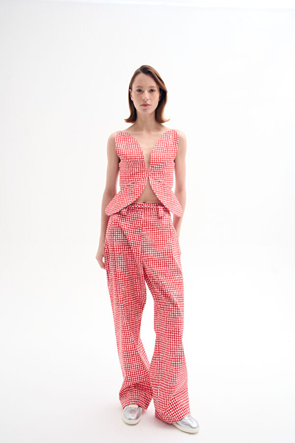 Red Straight Leg Cotton Women's Trousers