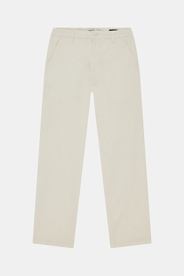 Cream-colored, straight-leg linen men's trousers