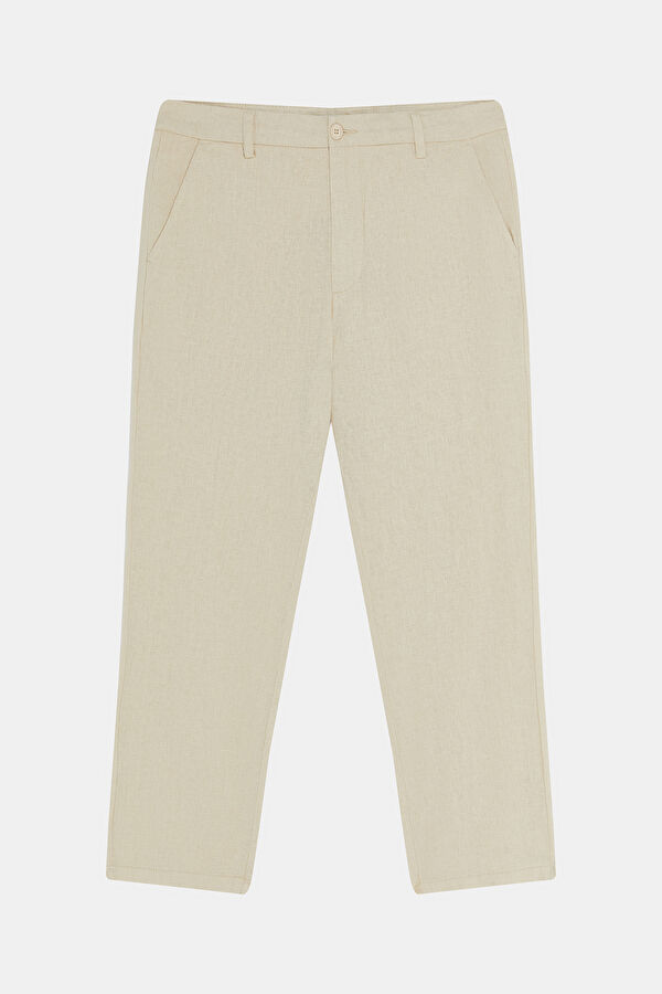 Beige Straight Leg Linen Men's Trousers
