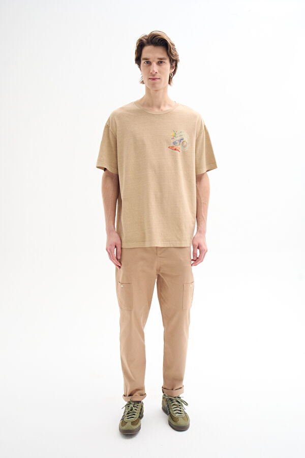 Relax Pattern Beige Crew Neck Printed T-Shirt