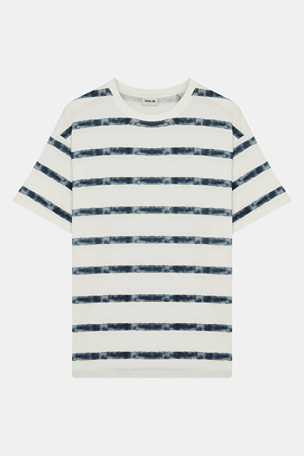 Relax Kalıp Beyaz Bisiklet Yaka Çizgili Erkek T-Shirt