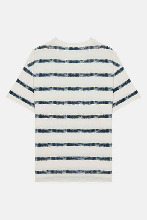 Relax Kalıp Beyaz Bisiklet Yaka Çizgili Erkek T-Shirt 2