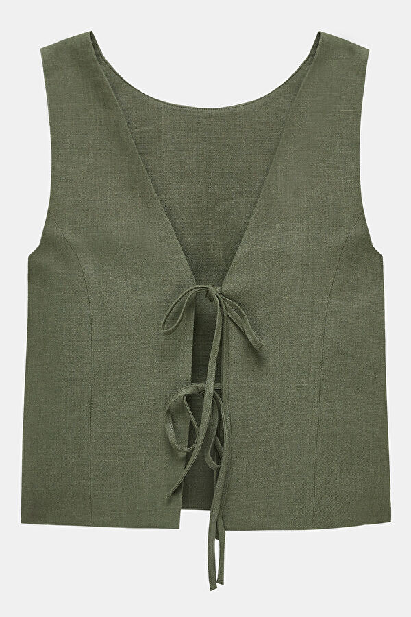 Khaki Linen Sleeveless Women's Blouse 2