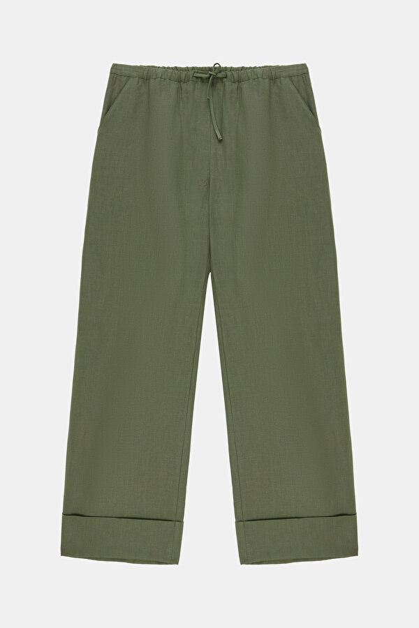 Khaki Linen Wide Leg Women's Trousers