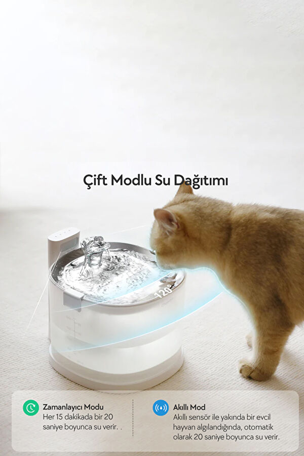 E1+ Çelik Hazneli Şarjlı Otomatik Kedi Su Pınarı 22x 20x18cm 2lt 5