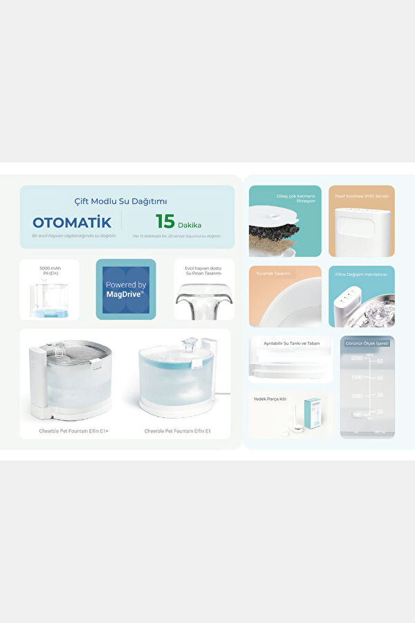 E1+ Çelik Hazneli Şarjlı Otomatik Kedi Su Pınarı 22x 20x18cm 2lt 10