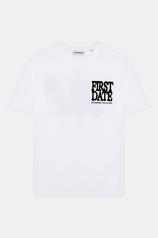 Relax Kalıp Beyaz Bisiklet Yaka Baskılı Erkek T-Shirt