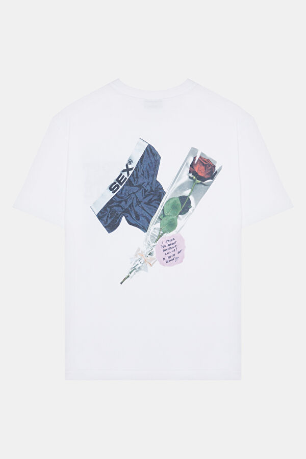 Relax Kalıp Beyaz Bisiklet Yaka Baskılı Erkek T-Shirt 2