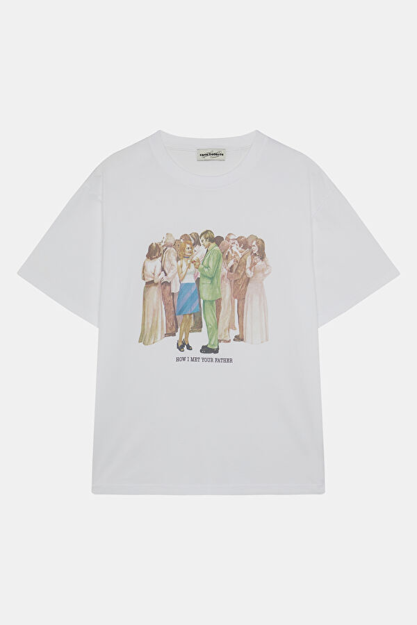 Relax Kalıp Beyaz Bisiklet Yaka Baskılı Erkek T-Shirt