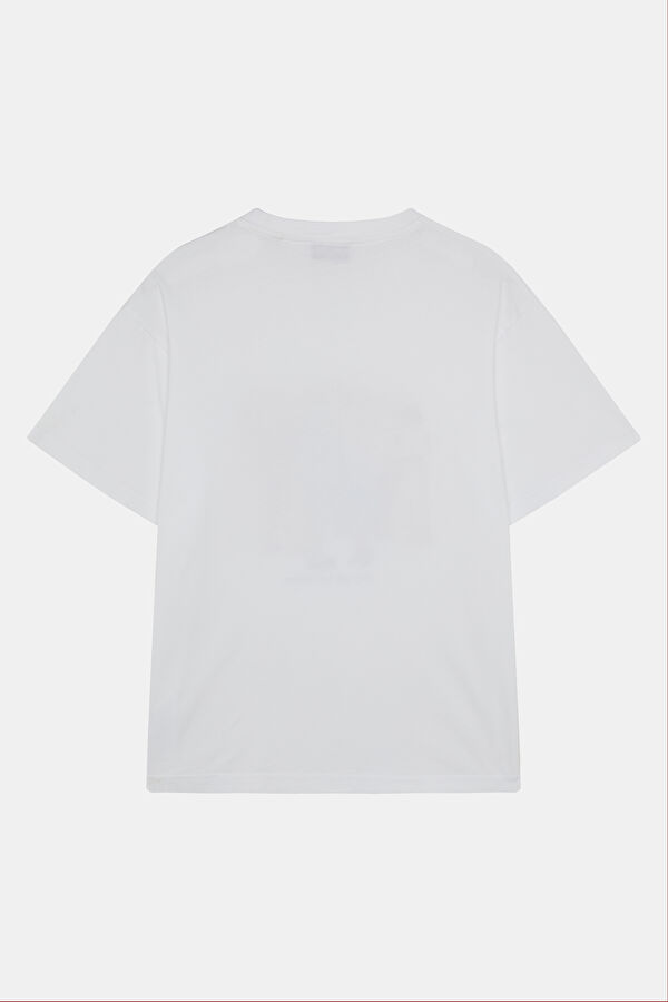 Relax Kalıp Beyaz Bisiklet Yaka Baskılı Erkek T-Shirt 2