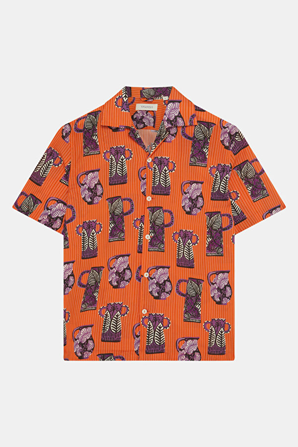 Relax Fit Orange Design Filled Resort Collar Shirt