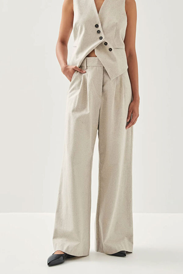 Krem Wide Leg Kadın Pantolon 4