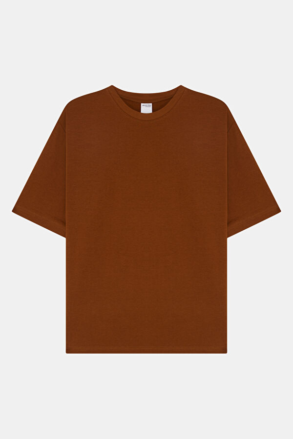 Relax Kalıp Kahve Bisiklet Yaka Erkek T-Shirt