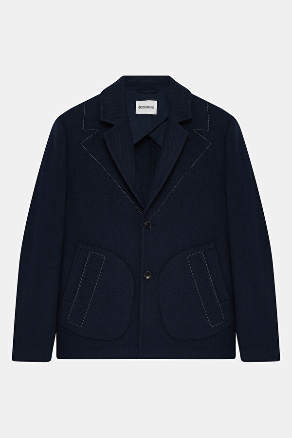 Navy Blue Buttoned Wool Men's Jacket