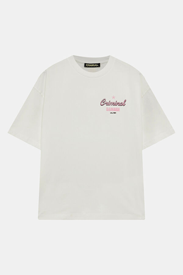 Oversize Beyaz Bisiklet Yaka Baskılı Erkek T-Shirt