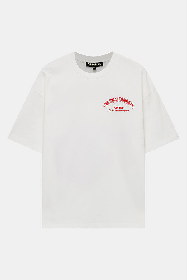 Oversize Ekru Bisiklet Yaka Baskılı Erkek T-Shirt
