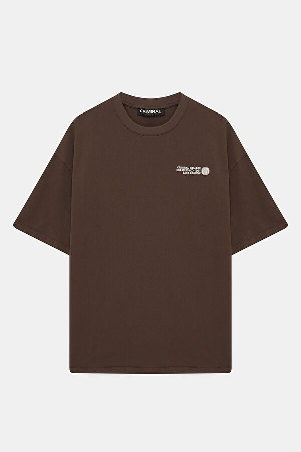 Oversize Coffee-colored Crew Neck Printed Men's T-Shirt