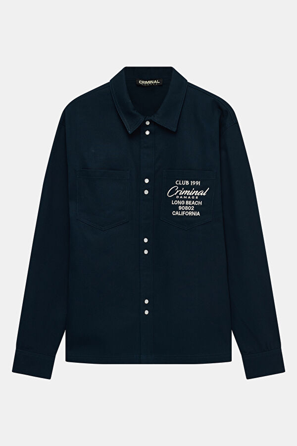 Relax Fit Navy Blue Embroidered Men's Shirt
