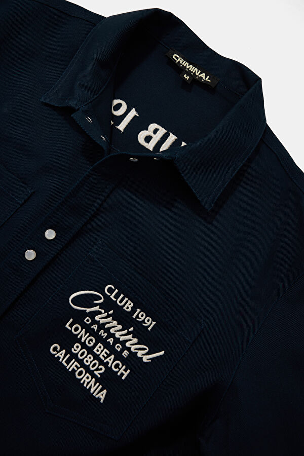 Relax Fit Navy Blue Embroidered Men's Shirt 3