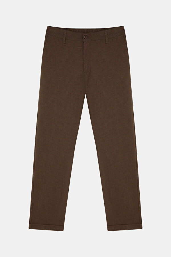 Coffee-colored, straight-leg men's trousers.