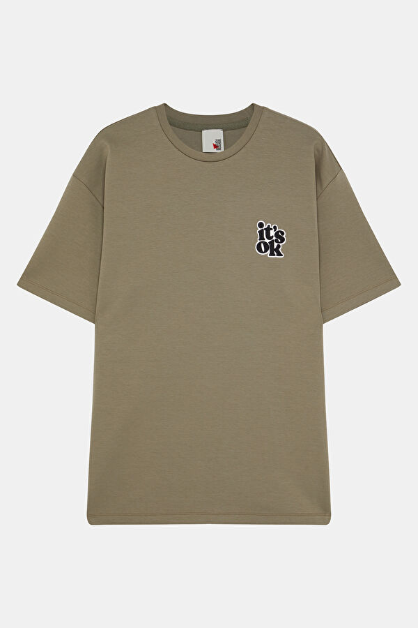Relax Kalıp Haki Bisiklet Yaka Nakışlı Erkek T-Shirt