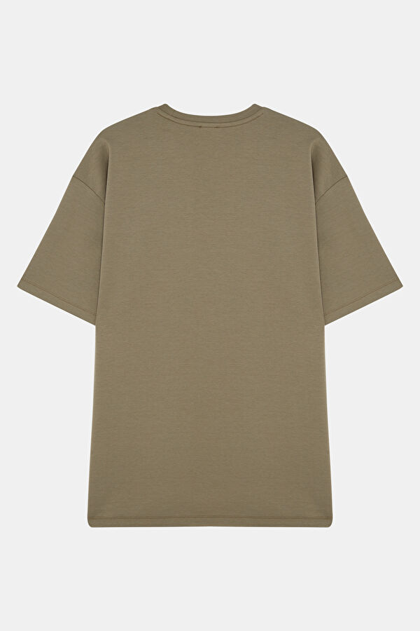 Relax Kalıp Haki Bisiklet Yaka Nakışlı Erkek T-Shirt 2