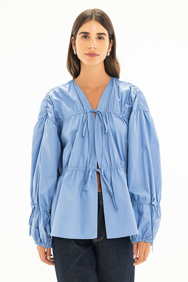 Blue Long-Sleeved Women's Blouse