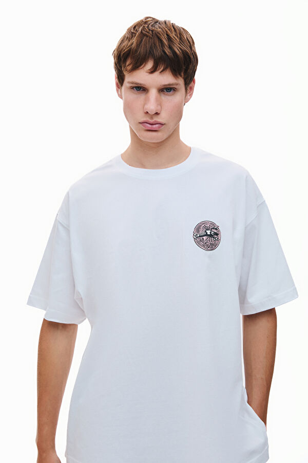 Cancer 2.0 Oversize Beyaz Bisiklet Yaka Baskılı Erkek T-Shirt