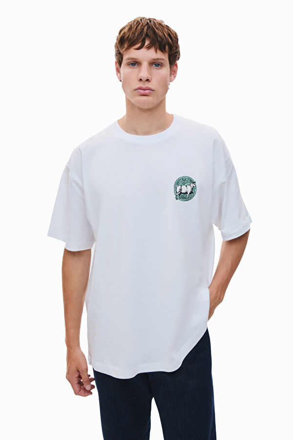 Taurus 2.0 Oversize Beyaz Bisiklet Yaka Baskılı Erkek T-Shirt