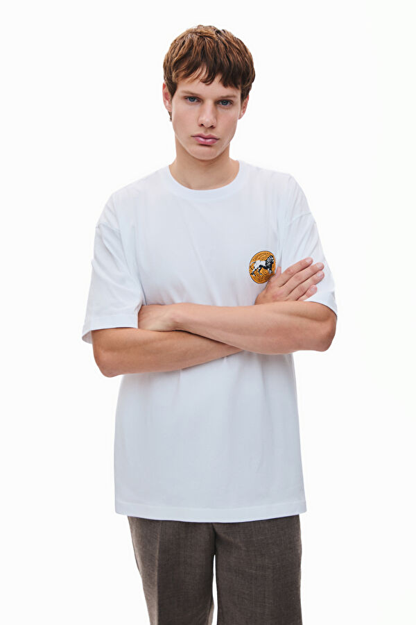 Leo 2.0 Oversize Beyaz Bisiklet Yaka Baskılı Erkek T-Shirt