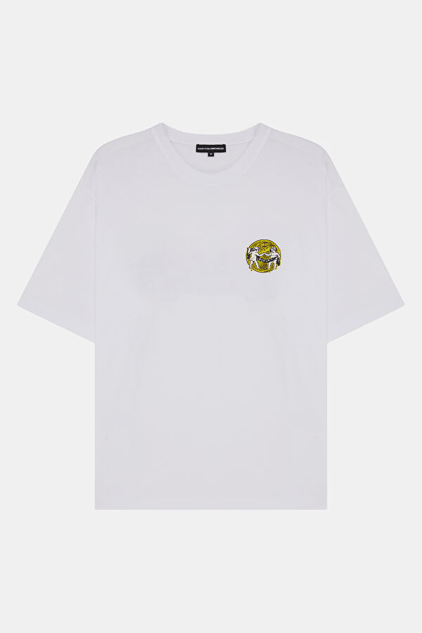 Gemini 2.0 Oversize Beyaz Bisiklet Yaka Baskılı Erkek T-Shirt