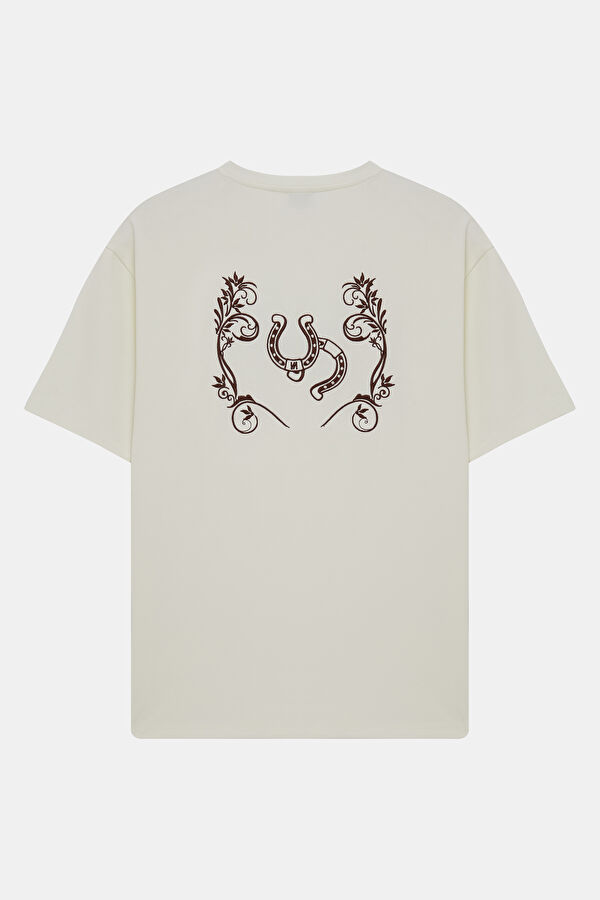 Ekru Bisiklet Yaka Nakışlı Erkek T-Shirt 2