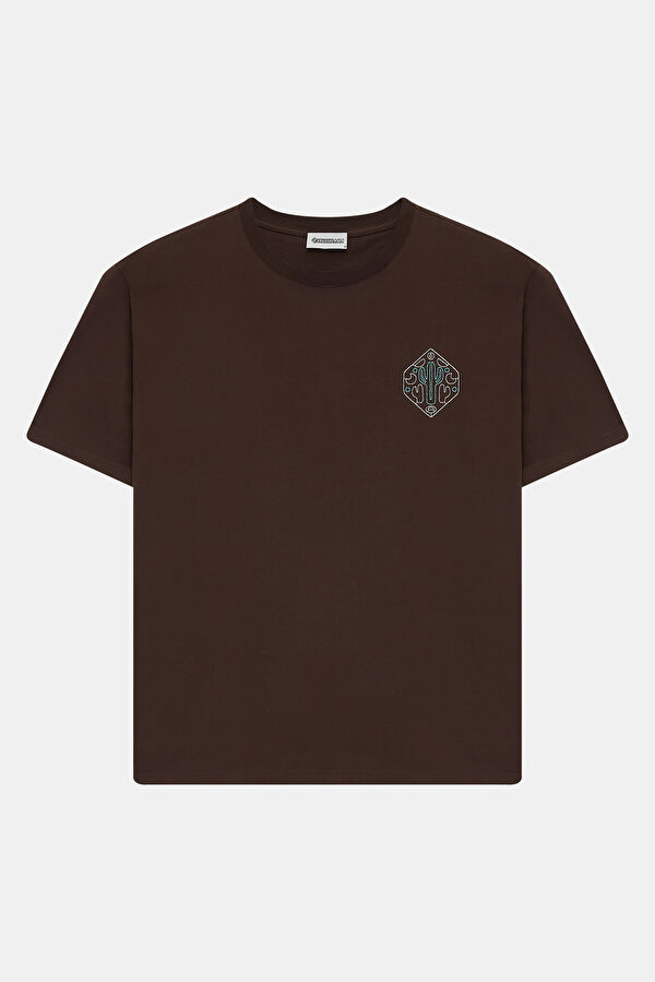 Coffee Brown Crew Neck Embroidered Men's T-Shirt