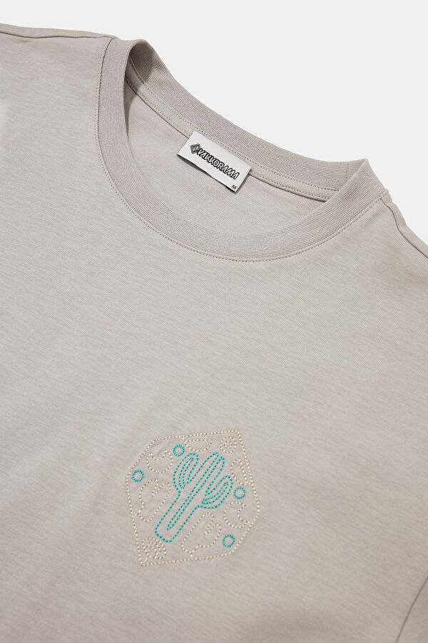 Light Grey Crew Neck Embroidered Men's T-Shirt 3